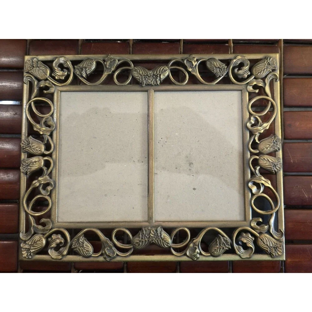 Vintage Art Nouveau Style Bronzetone Floral Dual Portrait Frame